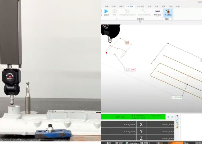 coordinate-measuring-machine-measuring-white-assembled-components-made-of-pom-material-and-the-diagram-on-the-right