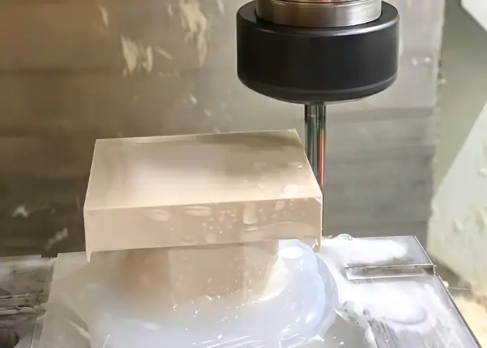CNC machining of a PEEK block, showcasing the precision cutting and finishing process for high-performance applications
