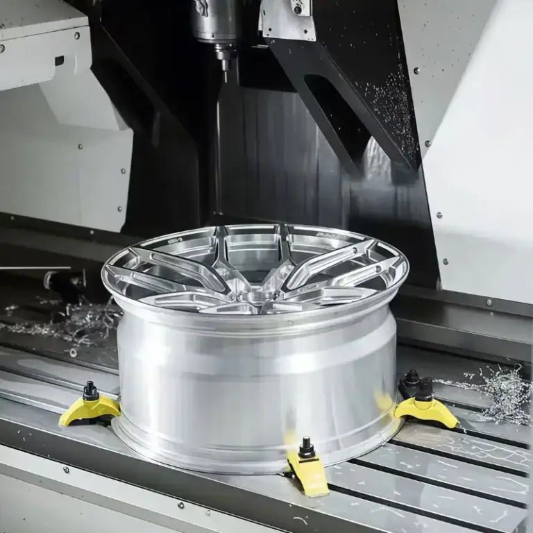 CNC milling of automotive wheel rim made from 6061-T6 aluminum alloy for passenger vehicle wheel manufacturing