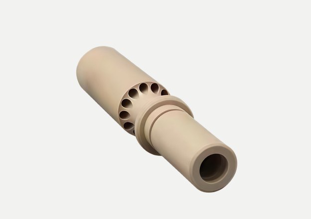 Precision beige plastic tubular connector with circular side holes