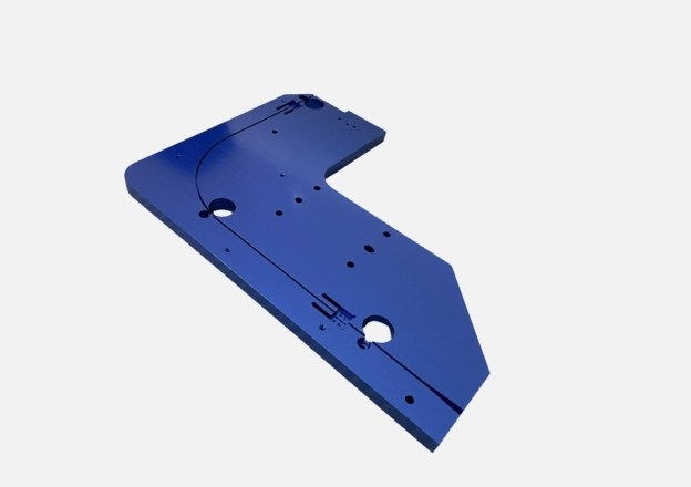 Large CNC machined aluminum part with blue anodized surface finish