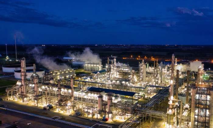 Illuminated oil refinery plant at night
