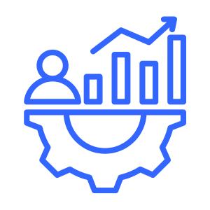 Minimal line icon of chart with rising bars and engineer, symbolizing customized outsourcing solutions