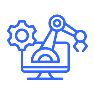 Flat-style blue line icon showing robotic arm with gears, representing advanced CNC and automation technology.