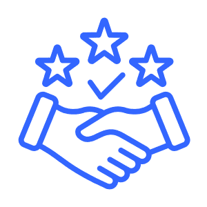 Handshake icon with stars and checkmark symbolizing commitment to quality and customer satisfaction.