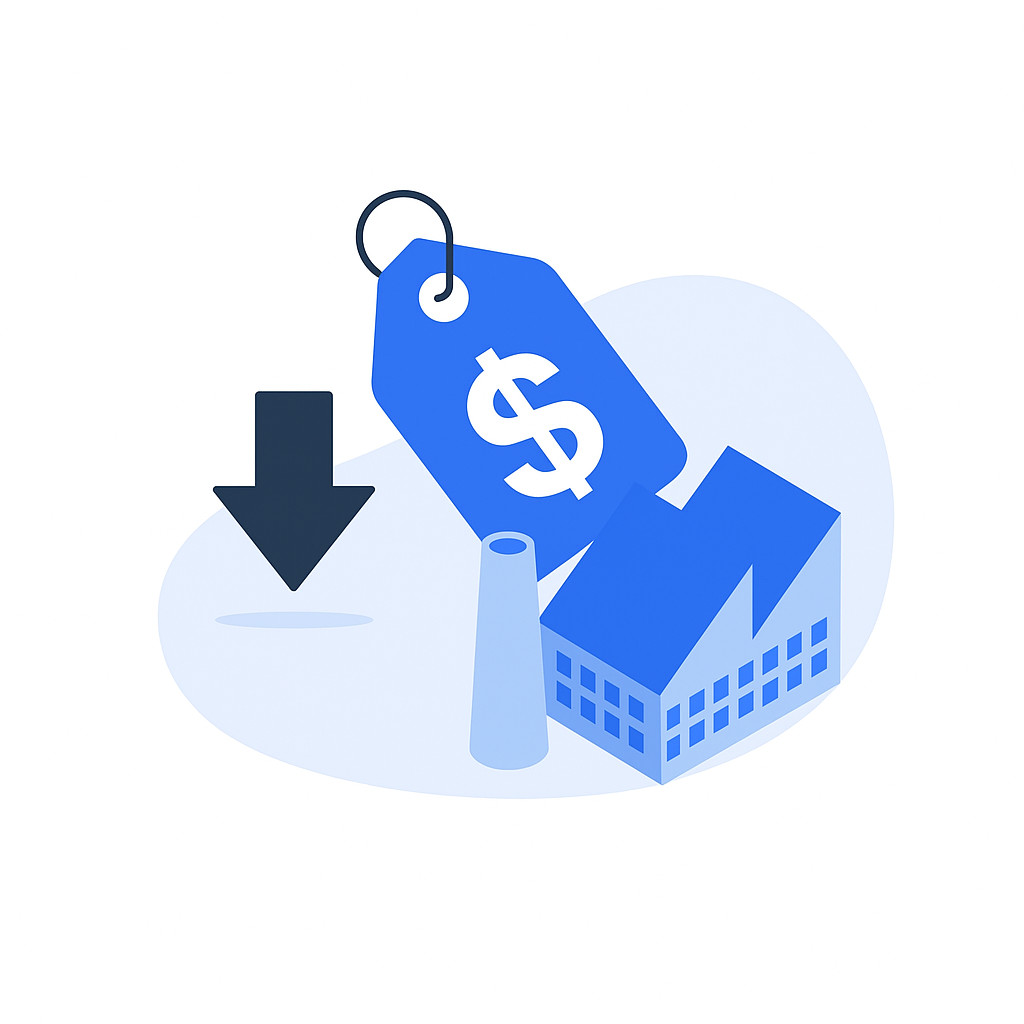 Flat-style digital illustration showing a blue factory with a dollar price tag and downward arrow, symbolizing TiRapid’s factory-direct pricing advantage and reduced intermediary costs.