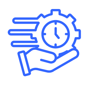 Blue line icon of a fast lead time concept, showing a clock inside a gear with a speeding hand symbol.