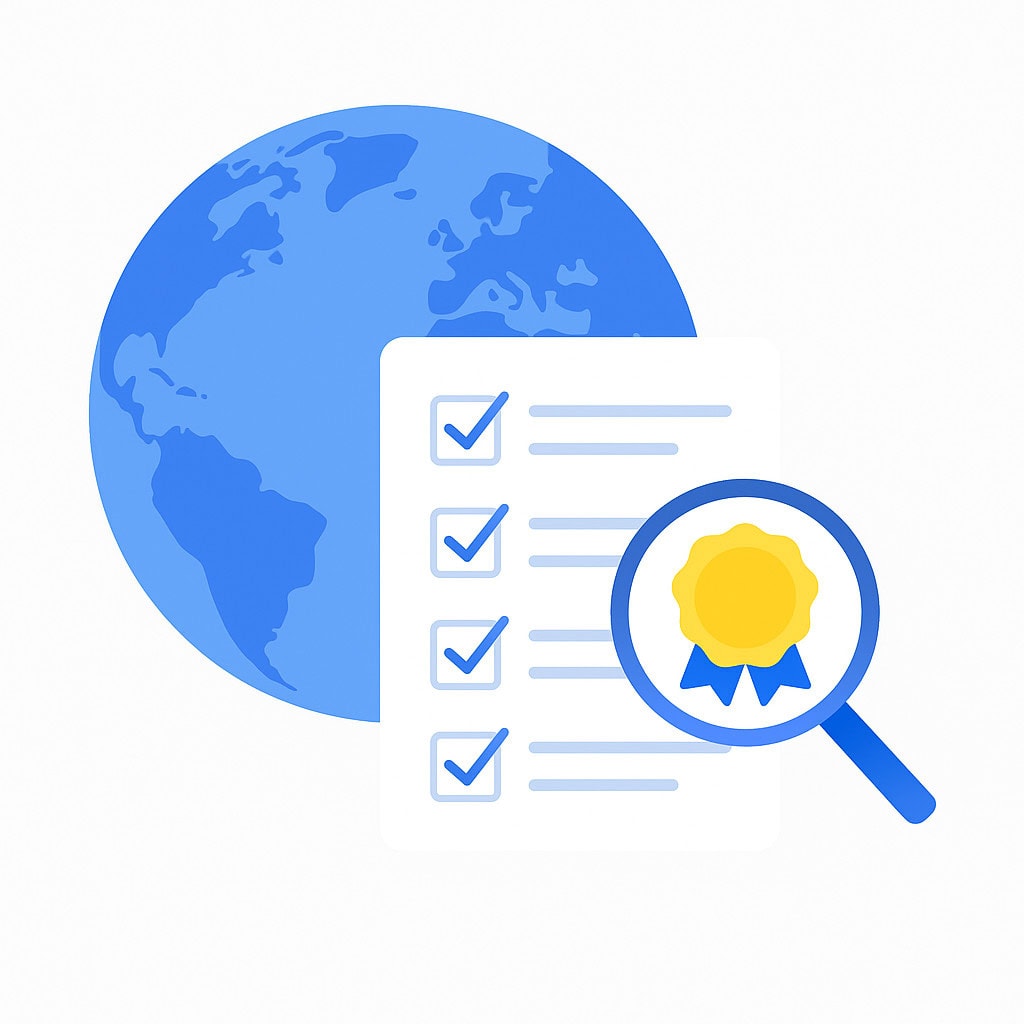 Flat-style illustration of a globe, checklist, and magnifying glass with a certification badge, symbolizing TiRapid’s compliance with international standards and global manufacturing experience.