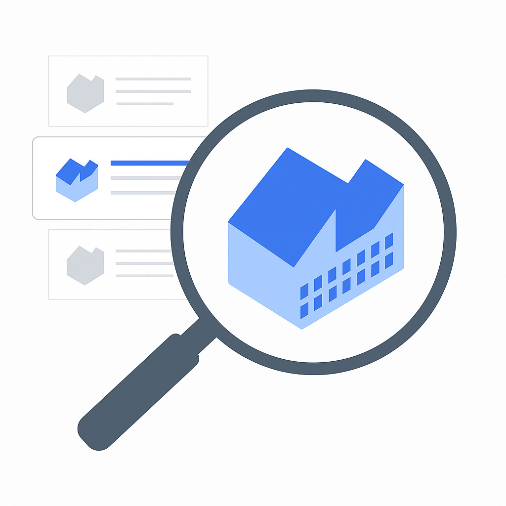 Flat-style digital illustration showing a magnifying glass inspecting a blue factory building, symbolizing TiRapid’s in-house manufacturing transparency and real-time production monitoring.