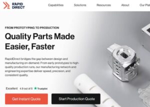 Screenshot of Rapiddirect homepage showcasing its manufacturing services — TiRapid positioned as a Rapiddirect competitor alternative
