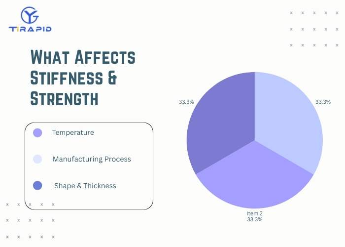 Infographic illustrating key factors that affect stiffness vs strength, including temperature, manufacturing process, and geometry