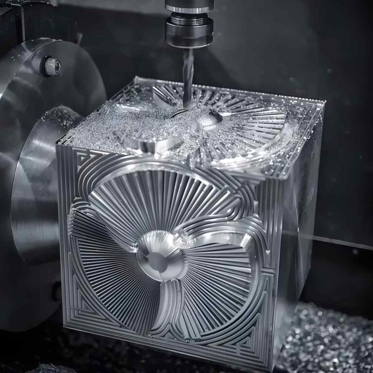 7-Axis CNC Machining of an aerospace aluminum part during high-precision machining process