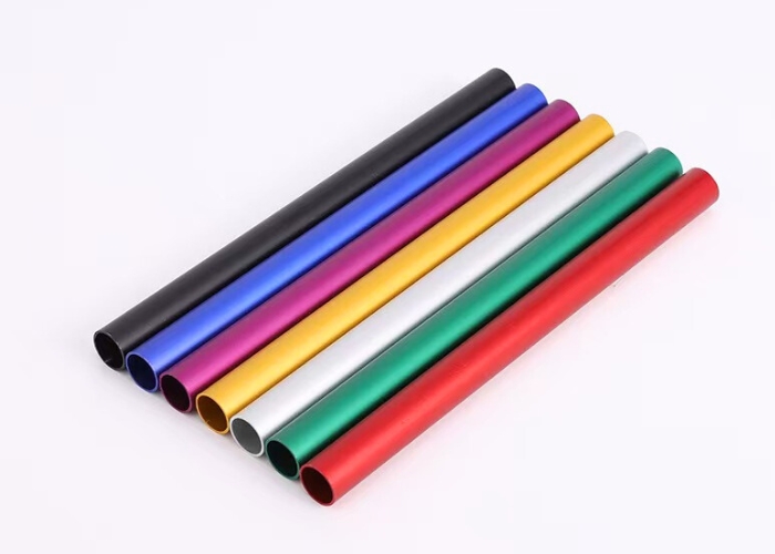 Anodized aluminum tubes in multiple colors showing different surface finishes