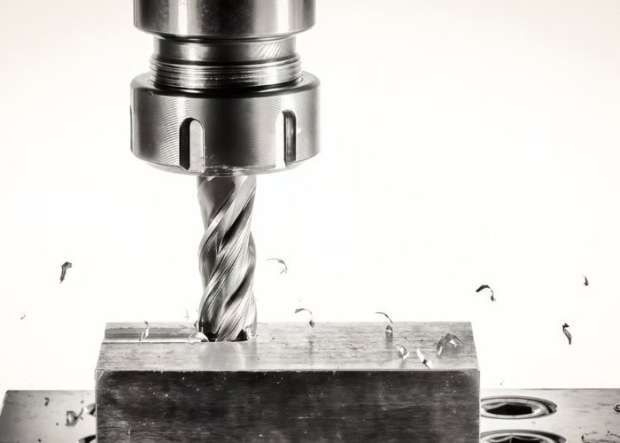 End mill cutting tungsten carbide metal during CNC milling process