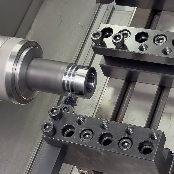 CNC turning process machining a stainless steel shaft for robotics applications
