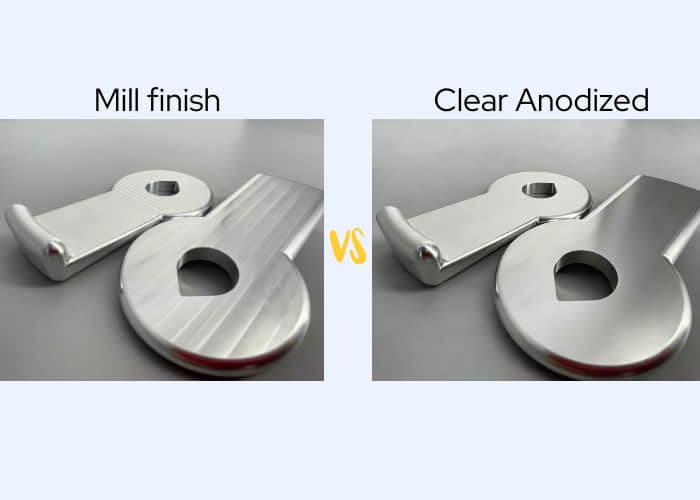 Side-by-side comparison of mill finish aluminum and clear anodized aluminum finish, showing differences in surface texture, brightness, and appearance.