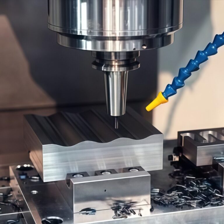 High-precision CNC machining process cutting an aluminum workpiece using a milling machine for industrial manufacturing