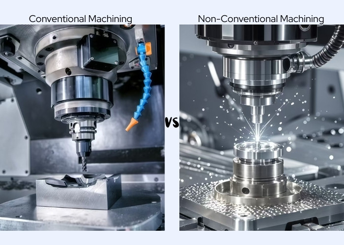 Comparison between conventional machining and non-conventional machining processes, showing differences in cutting methods, precision, and applications