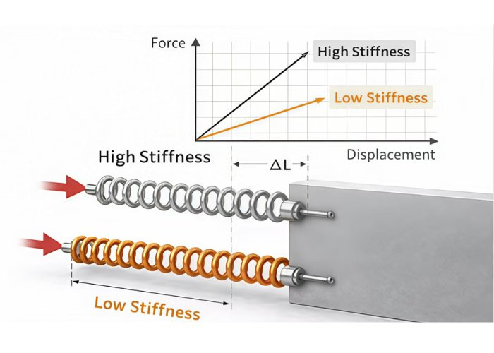 Stiffness of material schematic comparing high stiffness and low stiffness using spring deformation