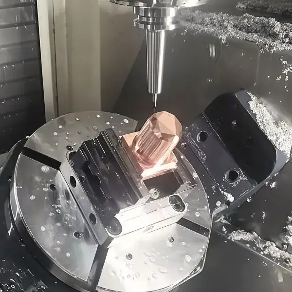 Advanced 5 axis CNC machining process producing complex copper parts with angled surfaces and intricate geometries