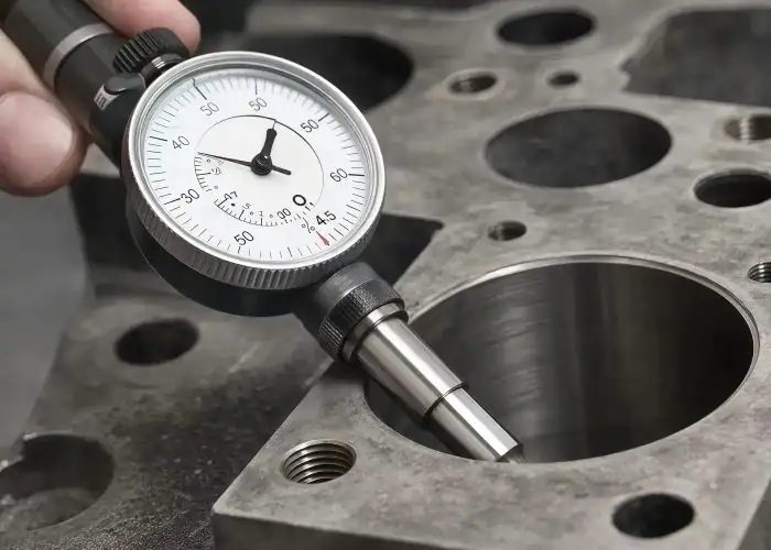 Bore gauge measuring the diameter of a machined hole in a component