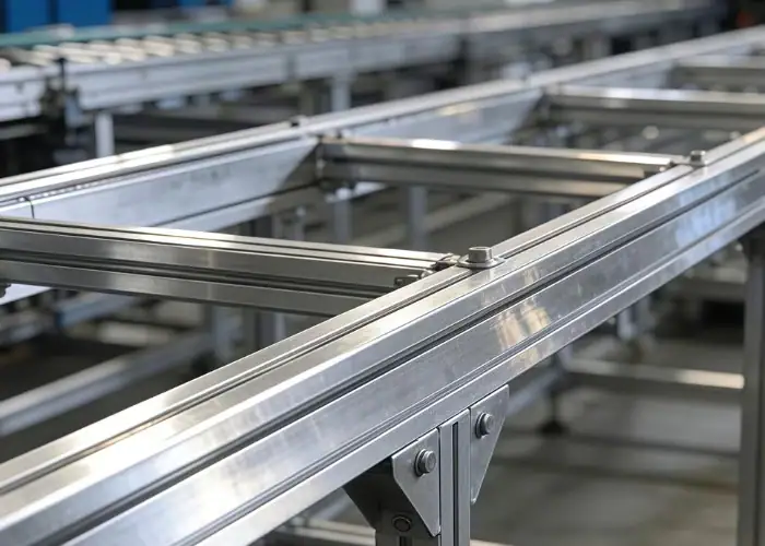 Close-up of aluminum alloy profile structures in an industrial frame assembly