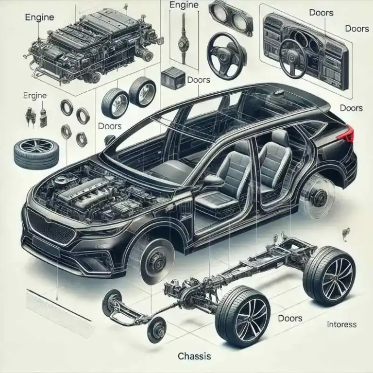 Diagram showing automotive plastic types including nylon used in car parts and structure