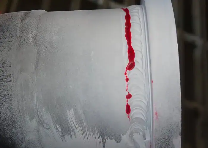 Penetrant testing of a 304 stainless steel pipe weld