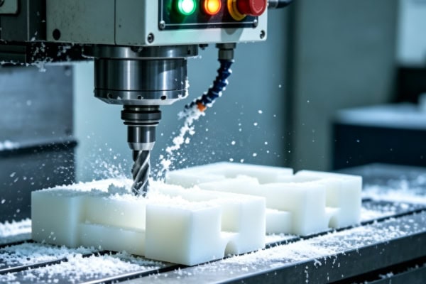 CNC machine tool processing white plastic on site