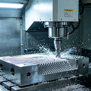 Images of industrial scenes involving high-speed milling.