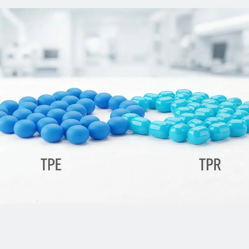 Comparison of blue TPE pellets and blue TPR pellets material appearance