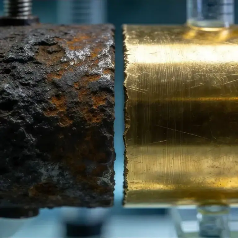 Close-up image showing oxidation and rust-like corrosion on a copper metal surface