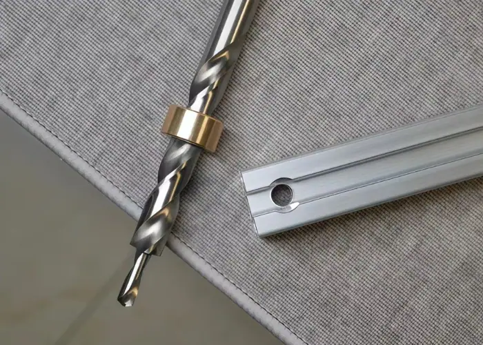 Image showing a countersink hole machining tool and an aluminum profile with a countersink hole
