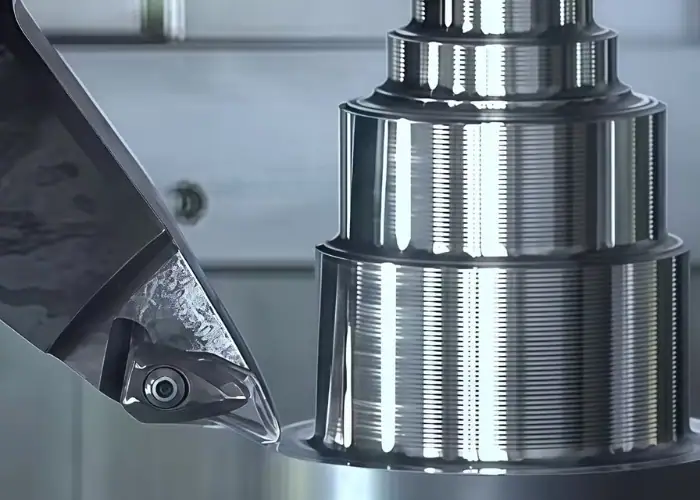 Cutting tool rake angle in CNC lathe machining of a stepped metal workpiece with fine turned surfaces