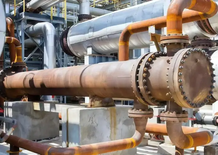 Image of an industrial piping system showing visible metal material corrosion
