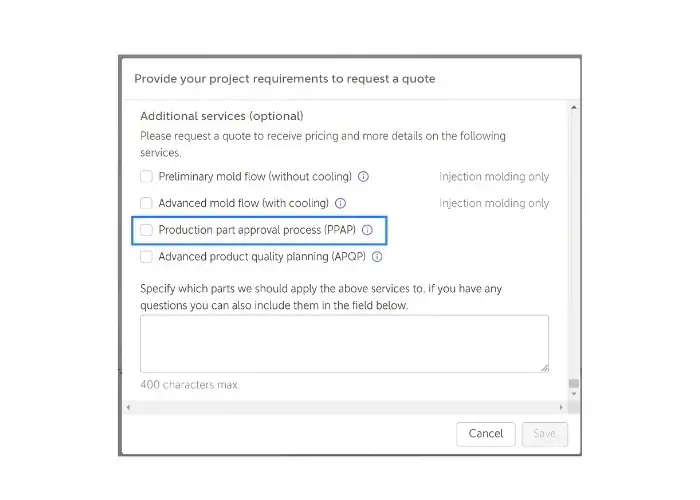 Service quote options interface for Production Part Approval Process support