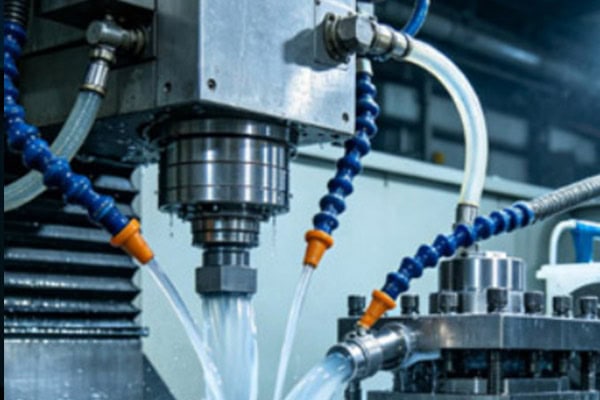 Scene image of CNC cooling system assisting in metal cutting.