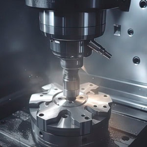 This is a picture of the spindle system cutting a precision metal workpiece below.