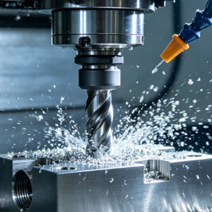 Image of a spindle cutting a metal workpiece from above.