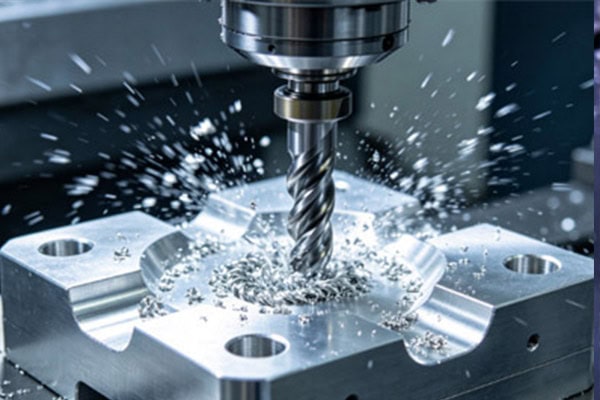 Images of CNC vertical machining center milling operations.