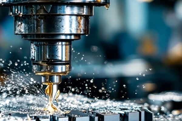 Image of a cutting tool on a spindle machining a metal workpiece.