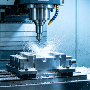 A photo of a CNC machining center performing metal milling.