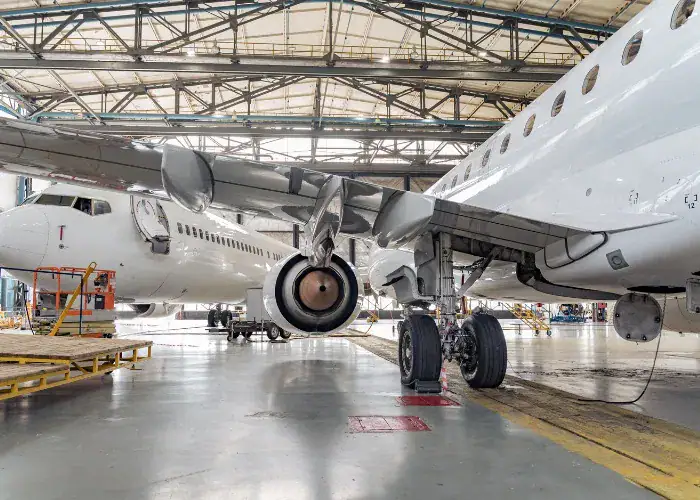 Aerospace aircraft manufacturing workshop with advanced CNC machines and production equipment