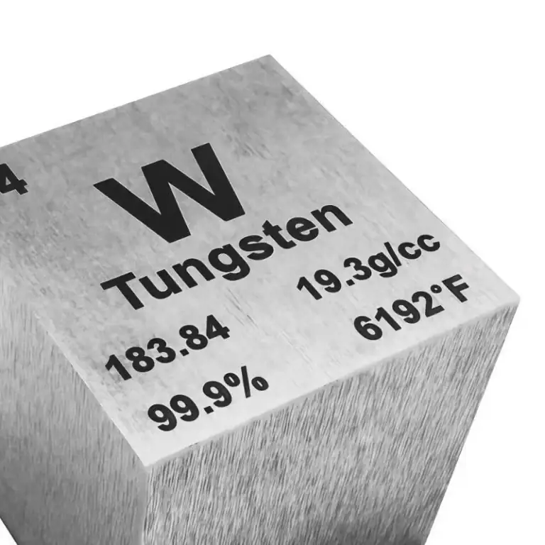 99.9% pure tungsten metal cube element sample showing a dense polished tungsten specimen