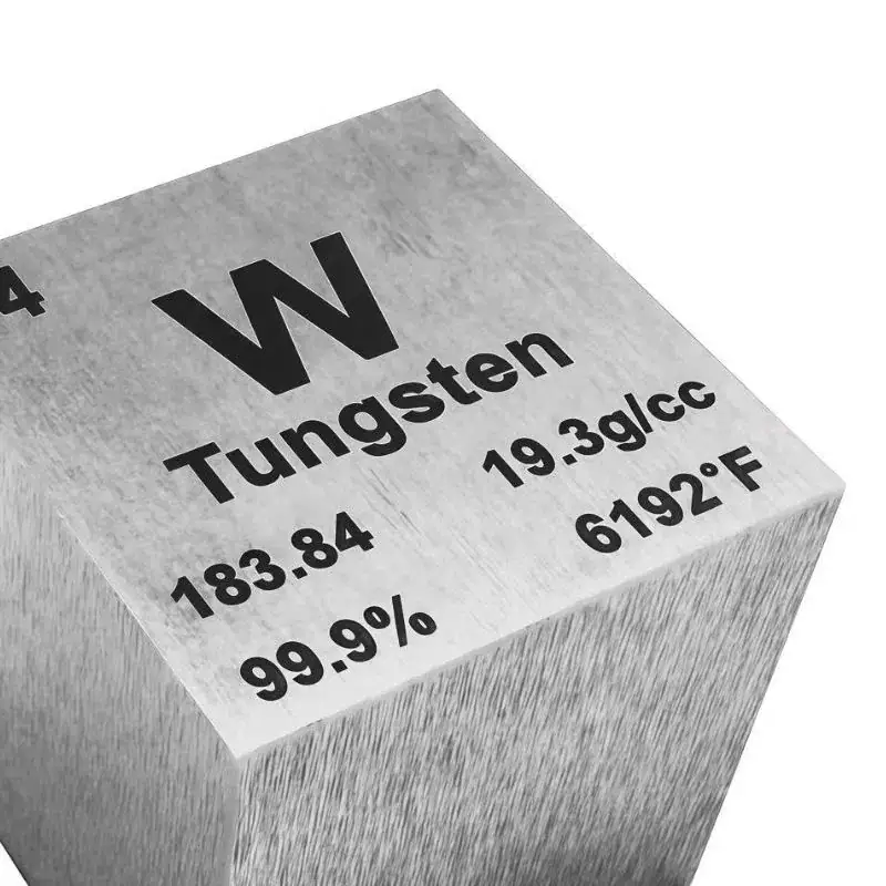 99.9% pure tungsten metal cube element sample showing a dense polished tungsten specimen