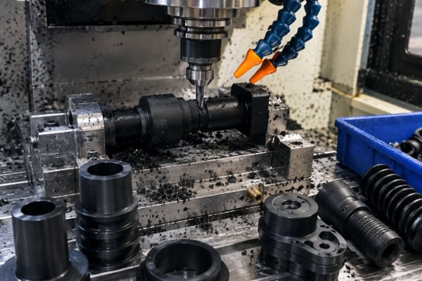 CNC milling in action with black parts
