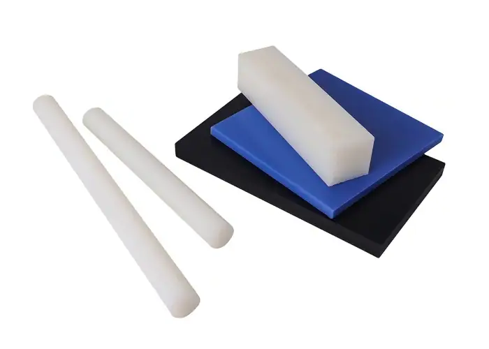 Delrin sheets, rods, and blocks in white, black, and blue colors for custom machined plastic parts and mechanical components