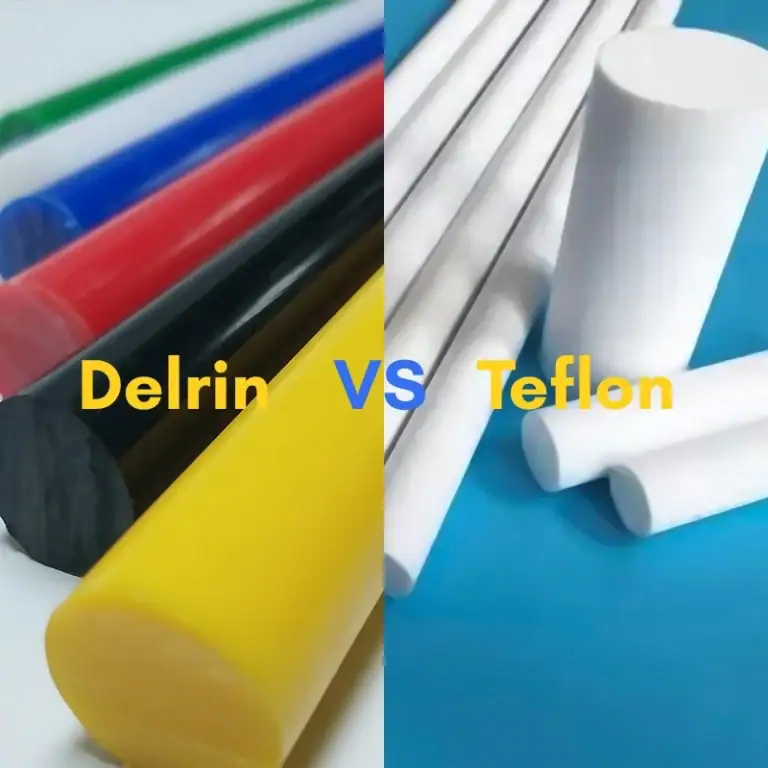 Delrin vs Teflon material comparison showing plastic rods for choosing the right material for precision parts