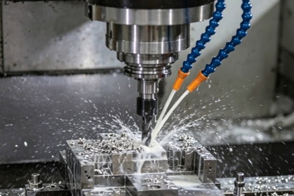 Image of spindle rotating at high speed driving drill bit to drill into workpiece.