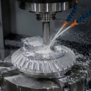 The CNC milling machine performs five-axis precision milling.